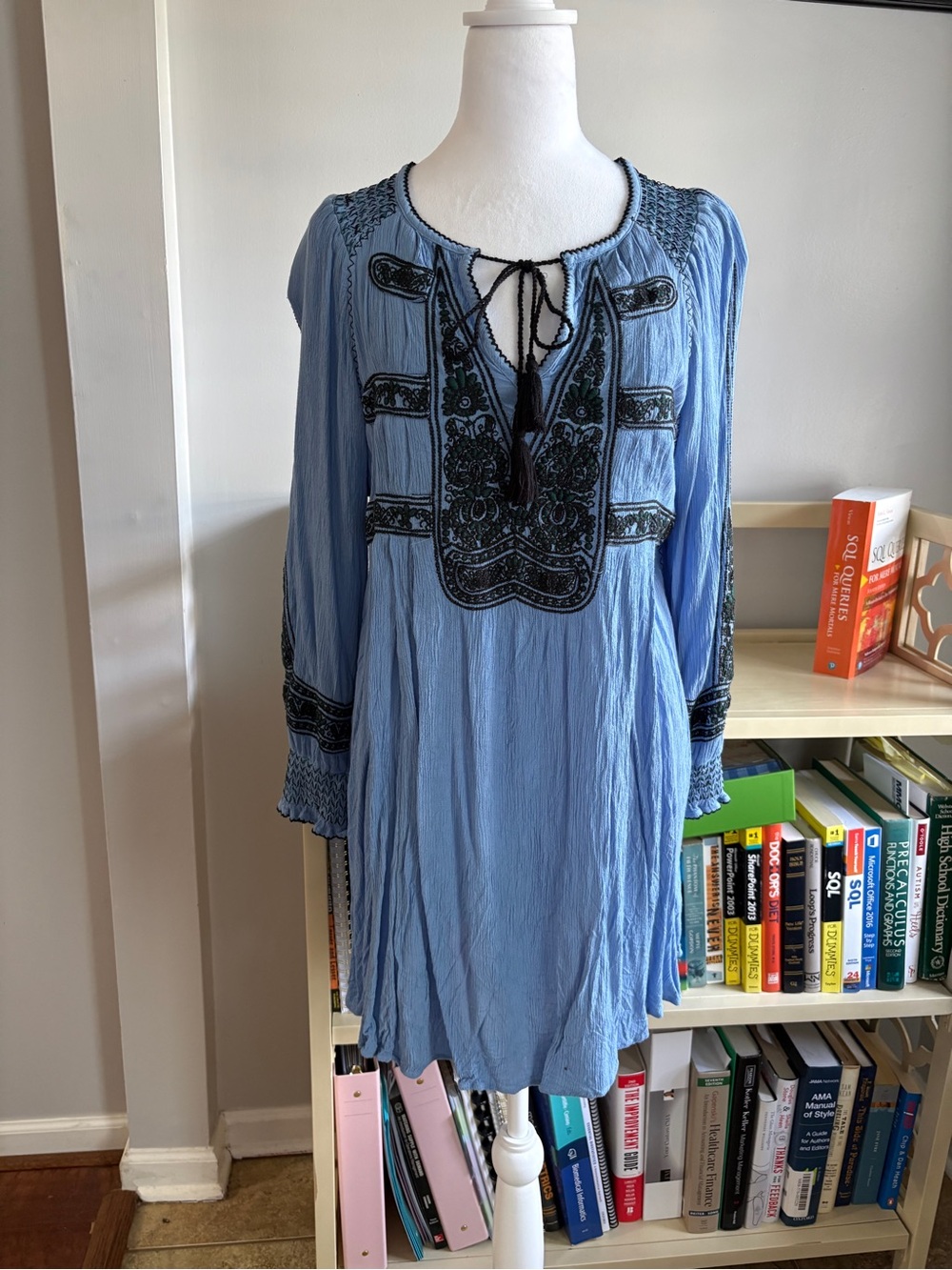 Free People Wind Willows Blue/Black Embroidered Mini Dress